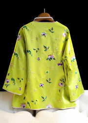 New Yellow Embroideried Button Silk Top Long Sleeve