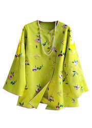 New Yellow Embroideried Button Silk Top Long Sleeve