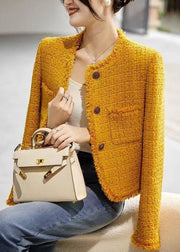 New Yellow O Neck Button Pockets Cotton Coats Fall