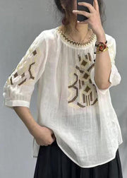 New Yellow O-Neck Embroideried Patchwork Cotton T Shirt Half Sleeve