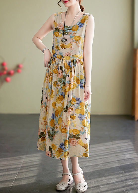 New Yellow O Neck Lace Up Print Cotton Long Dress Sleeveless