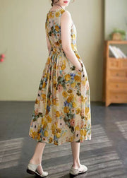 New Yellow O Neck Lace Up Print Cotton Long Dress Sleeveless