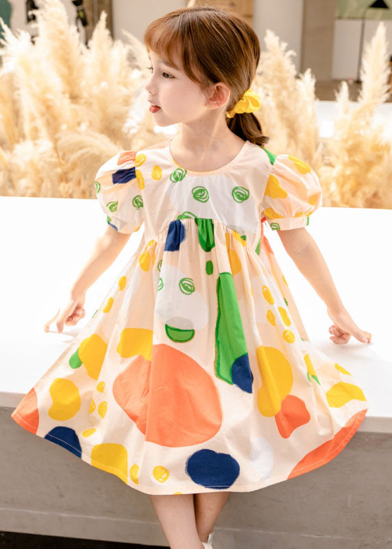 New Yellow O Neck Print Patchwork Cotton Baby Girls Dresses Summer