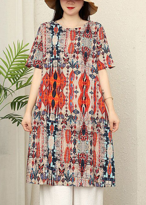 New Yellow O Neck Print Pockets Cotton Dresses Summer