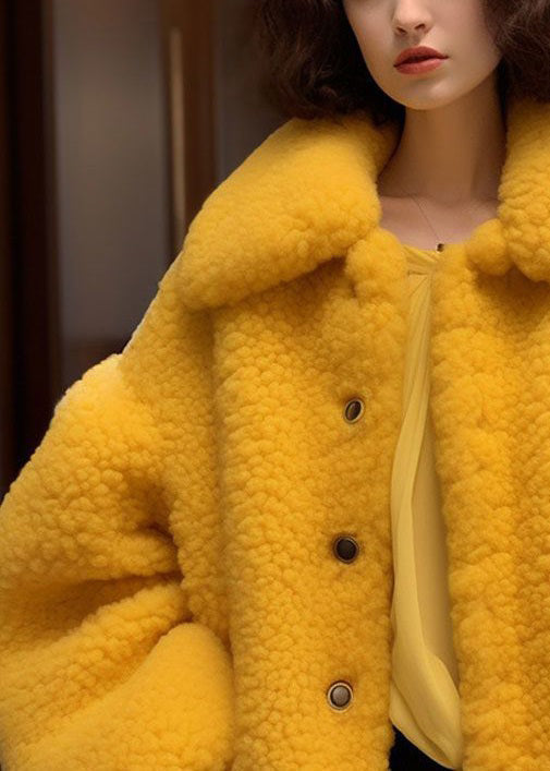 New Yellow Peter Pan Collar Button Teddy Faux Fur Coats Long Sleeve