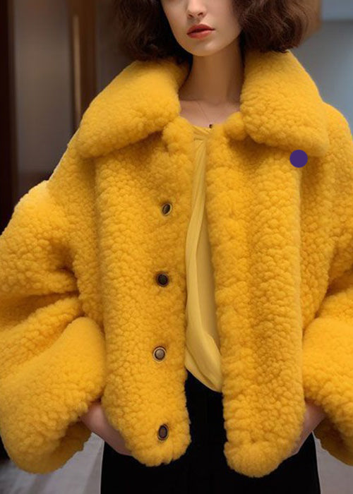 New Yellow Peter Pan Collar Button Teddy Faux Fur Coats Long Sleeve