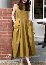 New Yellow Pockets Solid Cotton Long Dresses Sleeveless