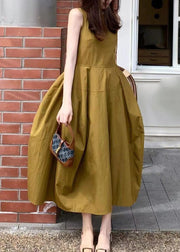 New Yellow Pockets Solid Cotton Long Dresses Sleeveless