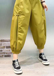 New Yellow Pockets Wrinkled Patchwork Cotton Harem Pants Summer