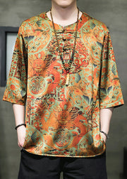 New Yellow Print Button Ice Silk T Shirts For Men Half Sleeve