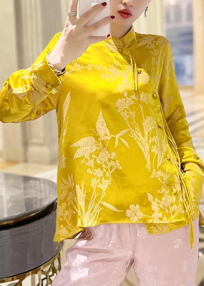 New Yellow Stand Collar Button Print Silk Shirt Long Sleeve