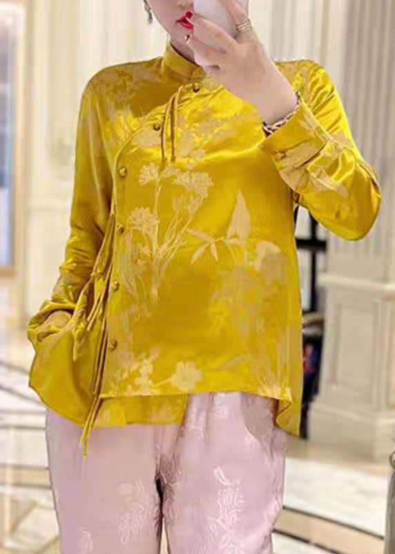 New Yellow Stand Collar Button Print Silk Shirt Long Sleeve