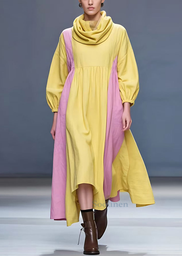 New Yellow Turtleneck Solid Patchwork Cotton Long Dress Fall