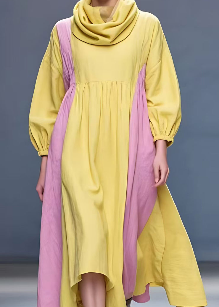 New Yellow Turtleneck Solid Patchwork Cotton Long Dress Fall