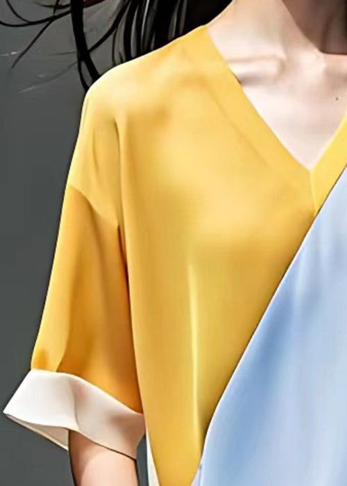 New Yellow V Neck Patchwork Chiffon Tops Half Sleeve