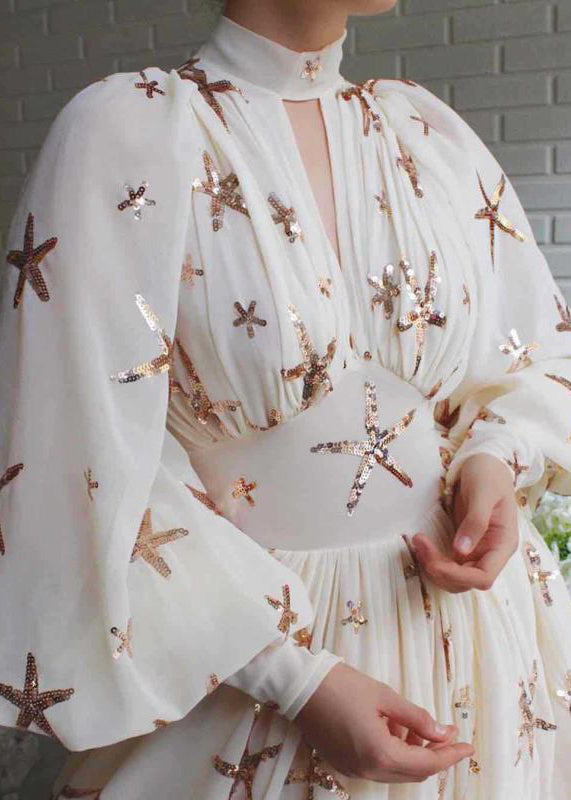 Novelty Beige Sequins Side Open Chiffon Long Dress Lantern Sleeve