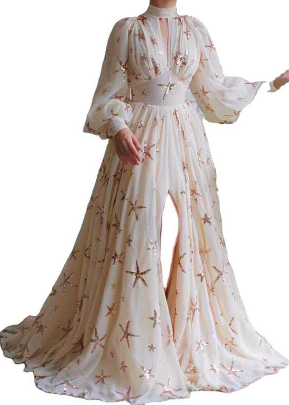 Novelty Beige Sequins Side Open Chiffon Long Dress Lantern Sleeve