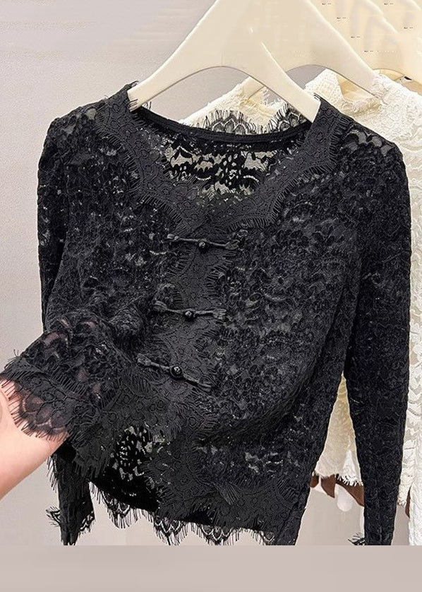 Novelty Black V Neck Button Lace Tops Spring