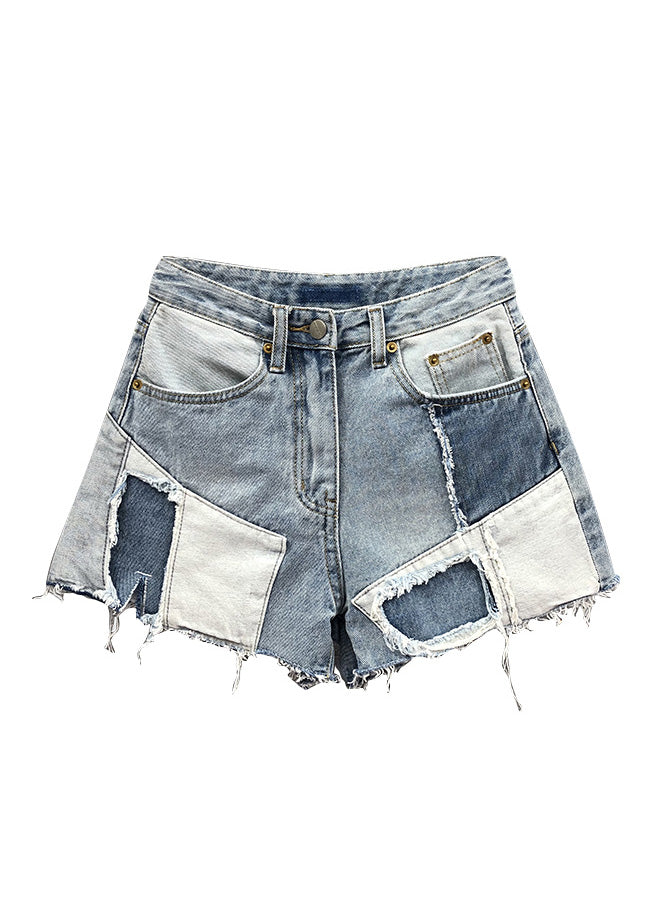 Novelty Blue Asymmetrical Patchwork High Waist Denim Shorts Summer