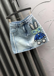 Novelty Blue Embroideried Nail Bead Patchwork Denim Skirt Summer