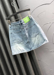 Novelty Blue Embroideried Nail Bead Patchwork Denim Skirt Summer