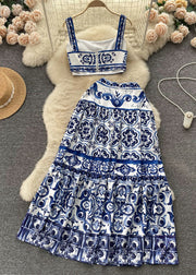 Novelty Blue Print High Waist Cotton Two Piece Set Sleeveless