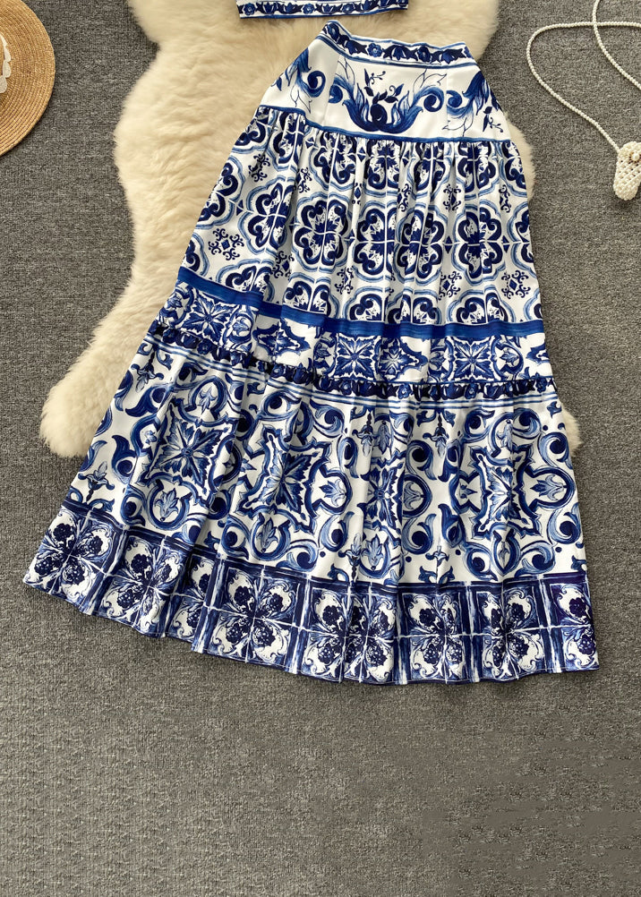 Novelty Blue Print High Waist Cotton Two Piece Set Sleeveless