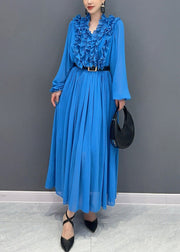 Novelty Blue Ruffled Solid Chiffon Long Dress Long Sleeve