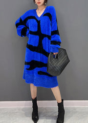 Novelty Blue V Neck Striped Mink Velvet Maxi Dress Fall