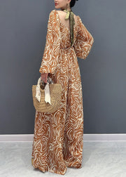 Novelty Coffee Print Wrinkled Chiffon Jumpsuit Long Sleeve