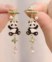 Novelty Colorblock Metal Alloy Zircon Pearl Panda Bamboo Joint Tassel Drop Earrings