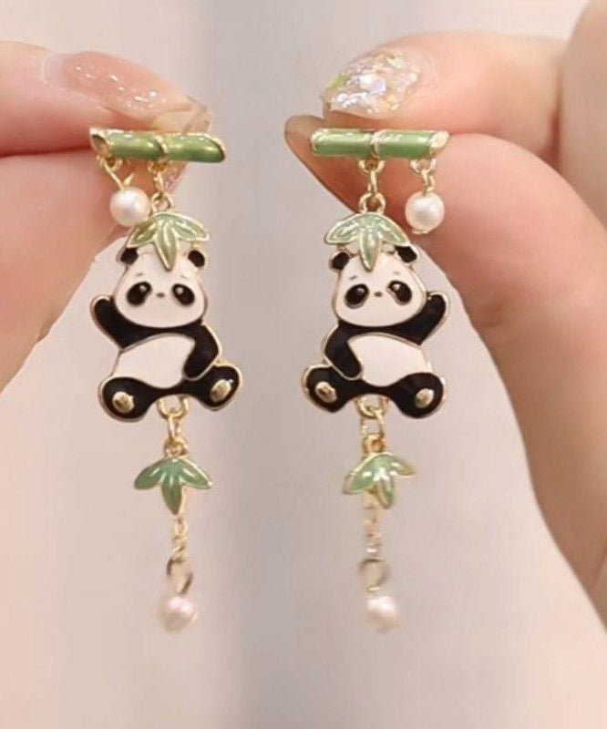 Novelty Colorblock Metal Alloy Zircon Pearl Panda Bamboo Joint Tassel Drop Earrings