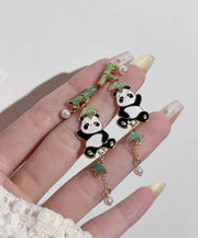 Novelty Colorblock Metal Alloy Zircon Pearl Panda Bamboo Joint Tassel Drop Earrings