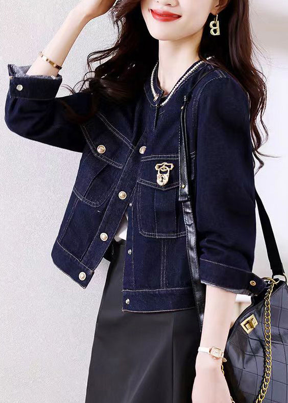 Novelty Dark Blue Patchwork Button Denim Coats Fall