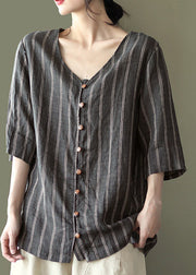 Novelty Dark Gray V Neck Striped Linen Shirts Half Sleeve