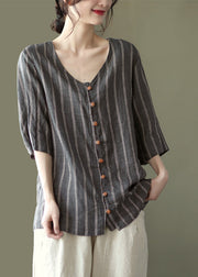 Novelty Dark Gray V Neck Striped Linen Shirts Half Sleeve