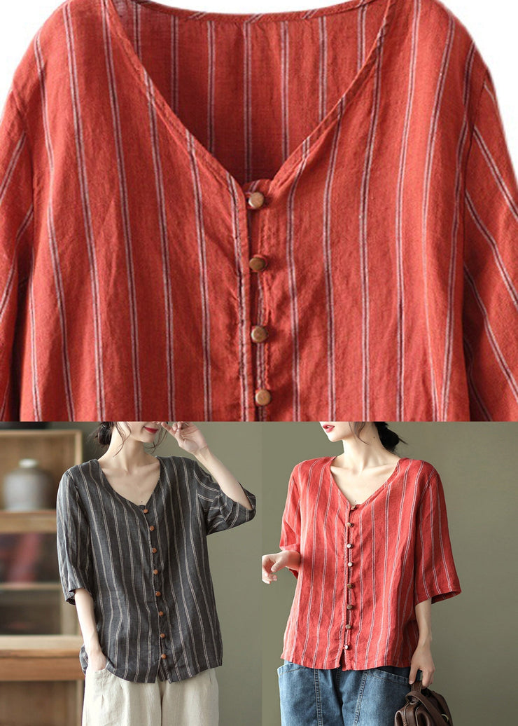 Novelty Dark Gray V Neck Striped Linen Shirts Half Sleeve