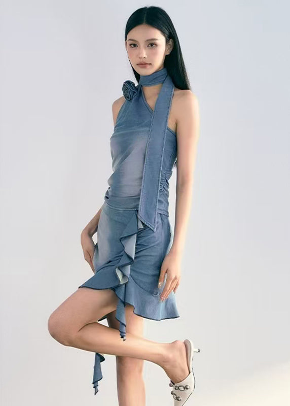 Novelty Denim Blue Asymmetrical Ruffled Patchwork Rose Top And Skirts Two Piece Set Summer