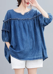 Novelty Denim Blue O-Neck Ruffled Patchwork Silk Cotton Top Half Sleeve