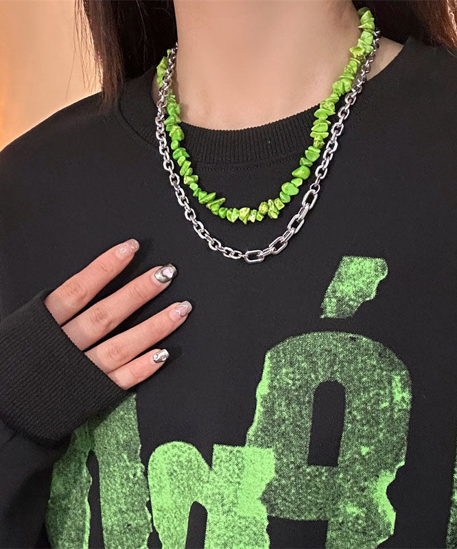 Novelty Green Double Layered Crushed Stone Clavicle Chain Necklace