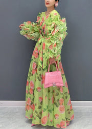 Novelty Green Ruffled Print Chiffon Dresses Long Sleeve