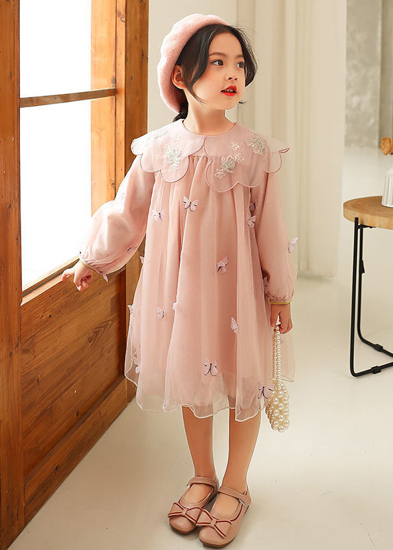 Novelty Grey Butterfly Embroideried Tulle Girls Long Dress Long Sleeve