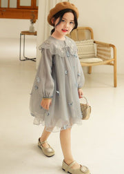 Novelty Grey Butterfly Embroideried Tulle Girls Long Dress Long Sleeve