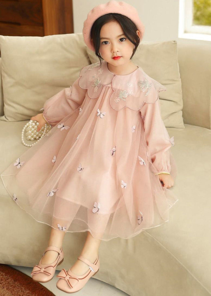 Novelty Grey Butterfly Embroideried Tulle Girls Long Dress Long Sleeve