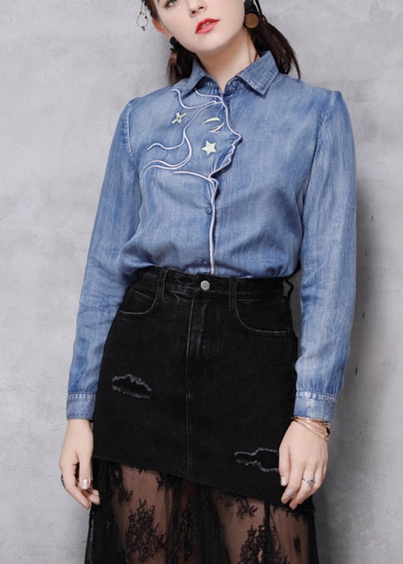 Novelty Light Blue Peter Pan Collar Asymmetrical Patchwork Low High Design Denim Shirt Long Sleeve