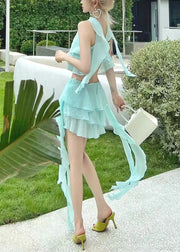 Novelty Light Blue V Neck Ruffled Chiffon Two Pieces Set Sleeveless