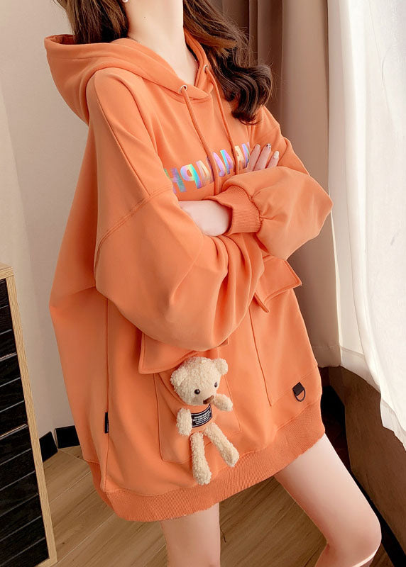 Novelty Orange Drawstring Pockets Patchwork Little Bear Hooded Pullover Long Sleeve