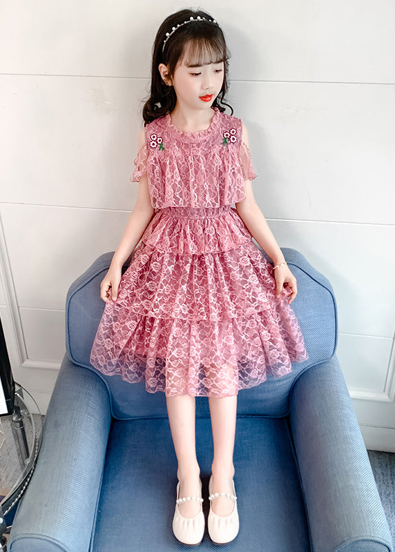 Novelty Pink O-Neck Ruffled Patchwork Floral Girls Long Dresses Short Sleeve