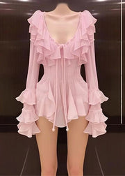 Novelty Pink Ruffled Lace Up Chiffon Mid Dress Long Sleeve