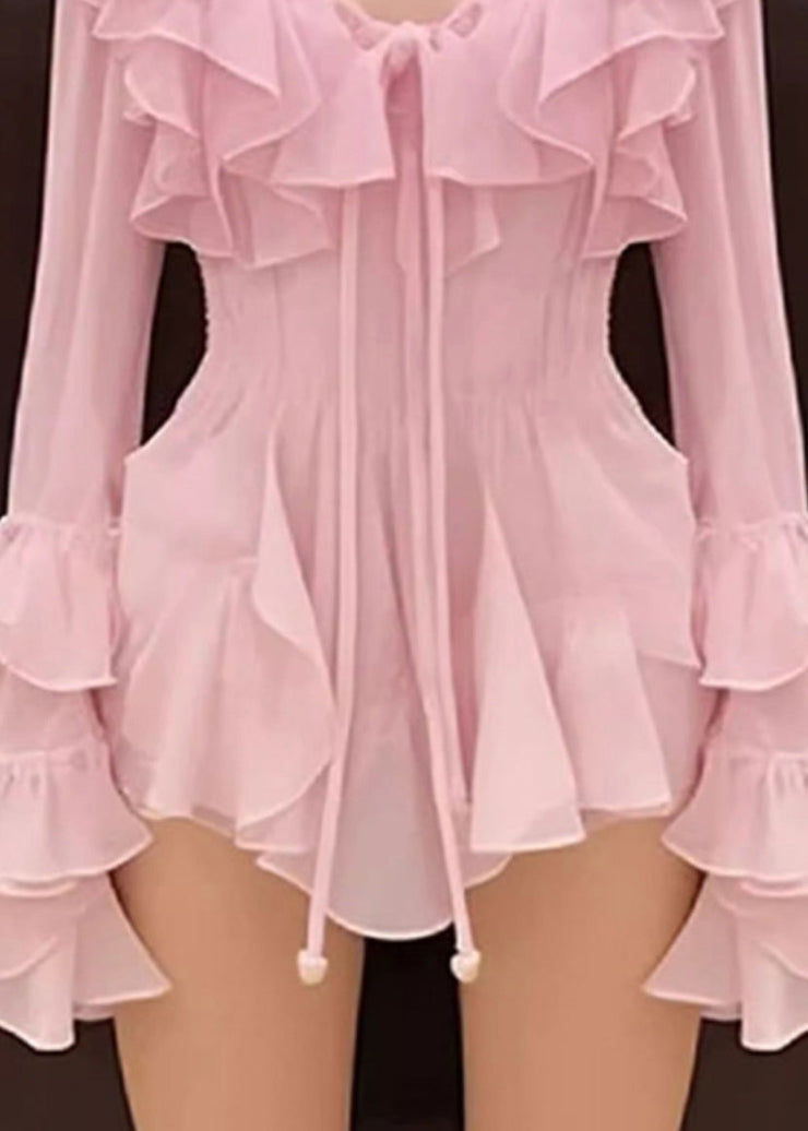 Novelty Pink Ruffled Lace Up Chiffon Mid Dress Long Sleeve